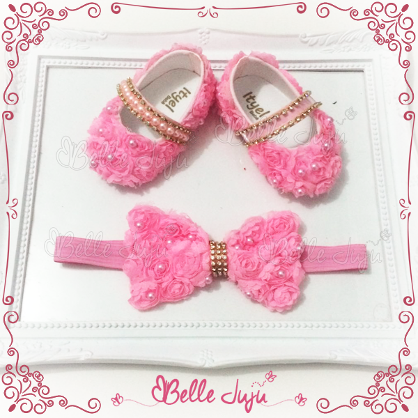Sapatinho de bebe Customizado Rosa Tule + fita de Laço - Belle Juju