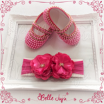 Sapatinho de Bebê Customizado com Strass e Pérolas Pink   Faixa de Meia com Flor - Kit Baby
