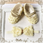 Sapatinho de bebe Customizado Tule Creme   Fita de Laço