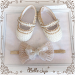 Sapatinho de bebe Customizado Perola com Strass   Fita de Laço