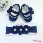 Sapatinho de bebe customizado preto com fita de bebe de 3 flores