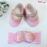 Sapatinho de bebe Customizado Rosa com fita em perolas
